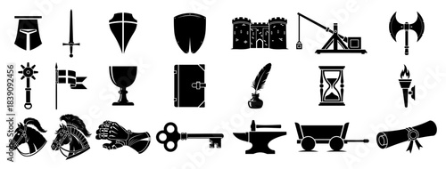 Medieval knight and castle icon set featuring weapons armor and fantasy rpg game elements