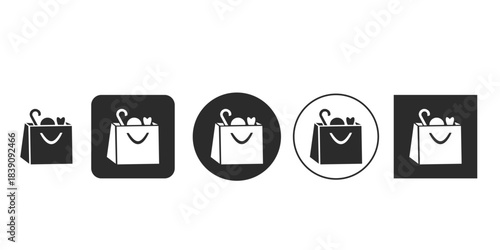 Black and white shopping bag icon set glyph style vector | E-commerce online checkout basket symbol | Simple filled silhouette gift bag graphic asset for UI design