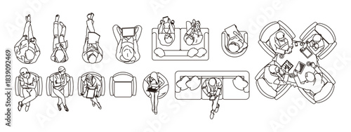 Editable Vector Top-View Sitting People, Architecture and Landscape Design Figures, CAD Vehicle Drawing Elements