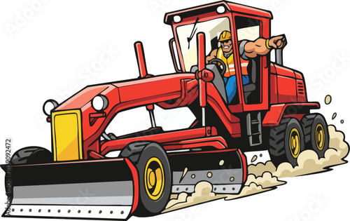 Industrial worker operating heavy machinery red road grader illustration