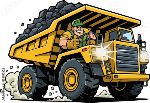 Construction worker driving mining dump truck loaded with coal.