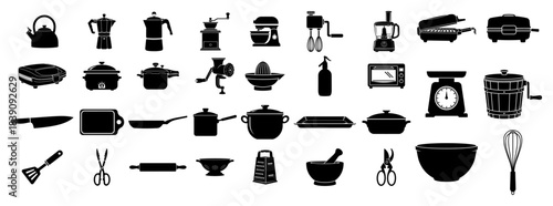 Kitchen appliances and cooking utensils silhouette icon collection