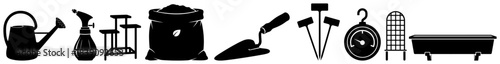 Gardening tools and equipment silhouette icon set featuring watering can soil bag and trowel vector collection