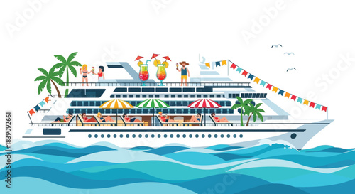 Cruise ship sailing on the ocean with people enjoying the vacation.