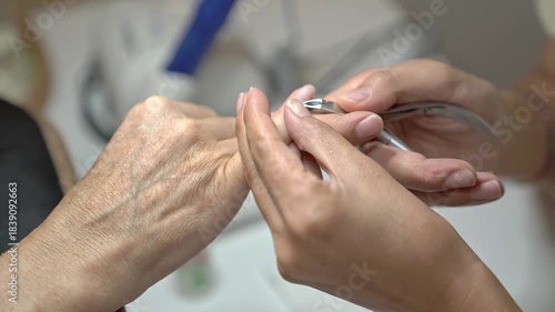 Close-up of Step-By-Step Manicure With French Design in Soft Pastel Tones. Cuticle removal using cuticle trimmer