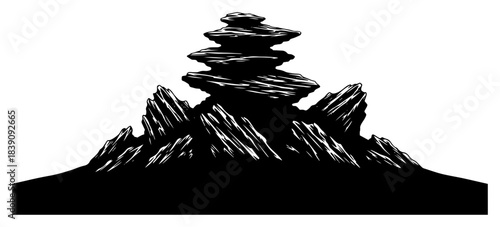 Balanced rock stones formation silhouette on mountain peak in woodcut style vector landscape illustration