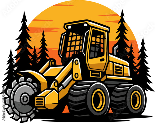 Feller Buncher Logging Machine Vector Graphic Sunset Background