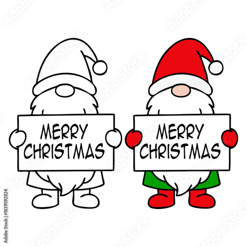 Dibujo sencillo con líneas de gnomo de Santa Claus con rótulo con texto Merry Christmas para tarjetas y felicitaciones de Navidad