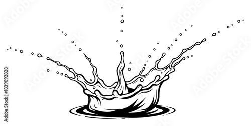 Water splash vector illustration of liquid drop falling and creating a crown with scattered droplets for milk or paint design
