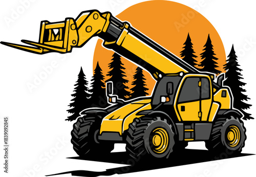 Telehandler Heavy Equipment Vector Illustration Sunset Background
