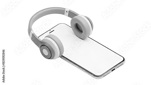 Headphones resting on smartphone, isolated on white background.