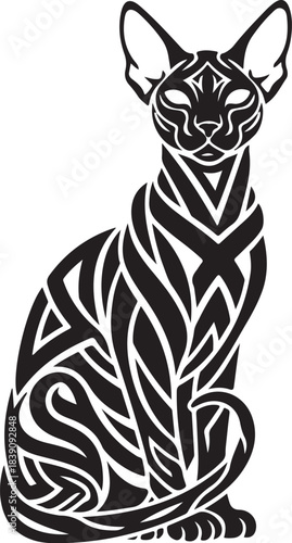 Stylized black cat with intricate tribal patterns sphinx cat