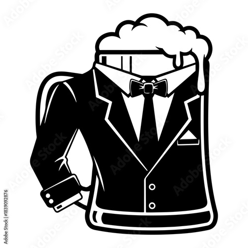 Funny beer mug character wearing a tuxedo suit with bow tie perfect for bachelor party or groom design