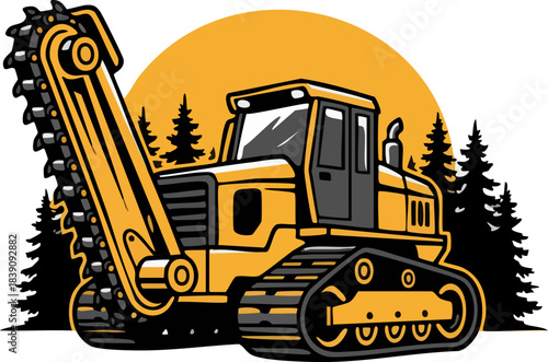 Heavy Duty Track Trencher Ditch Digger Mascot Illustration
