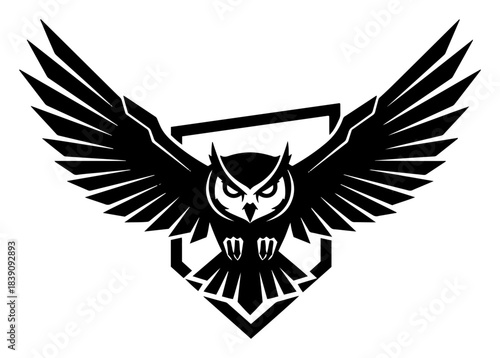 Owl mascot logo design with spread wings and shield emblem silhouette vector illustration