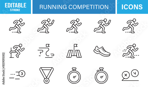 Vector Line Icon Set Depicting Sprint Poses, Race Equipment, Footwear, Track Markings, Medals, and Competitive Sports Elements