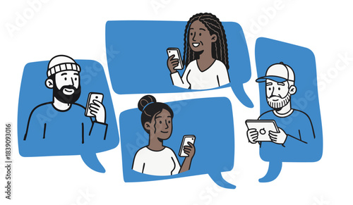 Diverse group of people communicating using mobile phones and tablets inside large blue speech bubbles