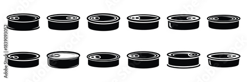 A collection of tuna can silhouette icon set. simple design black color and white background.