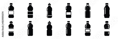 A collection of water bottle silhouette icon set. simple design black color and white background.