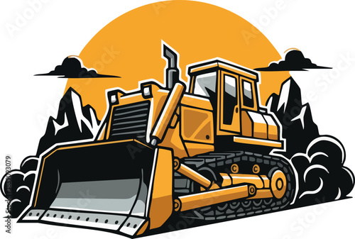 Heavy duty construction bulldozer vector illustration on sun background.