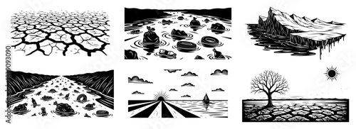 Environmental disaster and climate change woodcut illustration set featuring drought pollution and melting ice