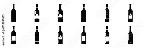A collection of wine bottle silhouette icon set. simple design black color and white background.