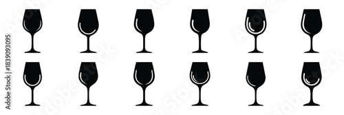A collection of wine glass silhouette icon set. simple design black color and white background.