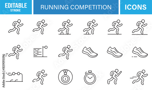 Modern Outline Running Icon Pack Featuring Runners, Finish Line, Stopwatch, Hurdles, Track Layouts, and Athletic Symbols