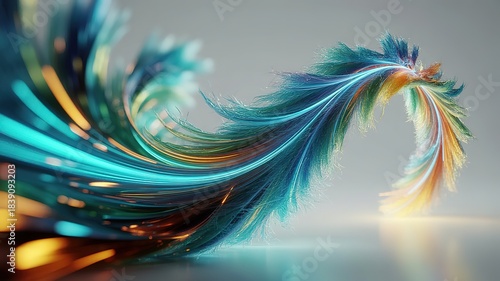 Turquoise lines elegantly sweep and twist, glowing with vibrant orange and gold hues on a gray backdrop