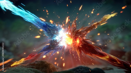 Ice and fire streams crash together, creating vibrant sparks against a blurry backdrop