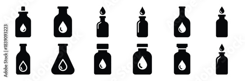 A collection of bottle with drop silhouette icon set. simple design black color and white background.