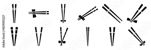 A collection of bento chopsticks silhouette icon set. simple design black color and white background.