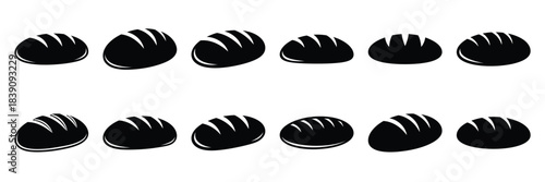 A collection of bread loaf silhouette icon set. simple design black color and white background.
