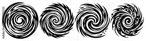 Abstract black circular spiral vortex and hypnosis swirl vector icon set
