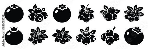 A collection of blueberry silhouette icon set. simple design black color and white background.