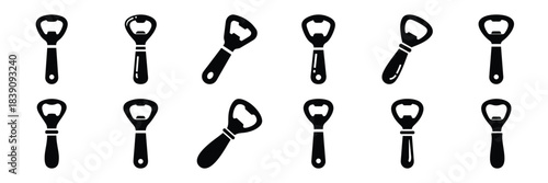 A collection of bottle opener silhouette icon set. simple design black color and white background.