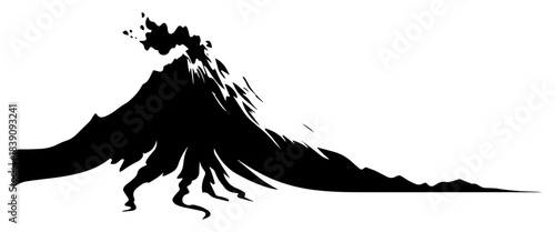 Erupting volcano silhouette with rising smoke clouds and flowing lava stream vector illustration