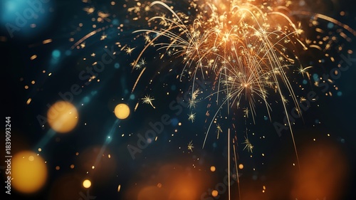 Dazzling golden fireworks illuminate the dark night sky with an brilliant vibrant burst