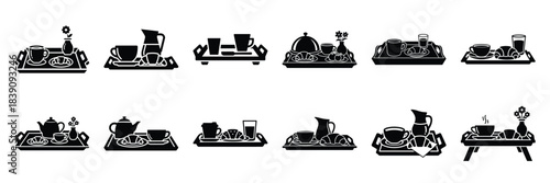 A collection of breakfast tray silhouette icon set. simple design black color and white background.