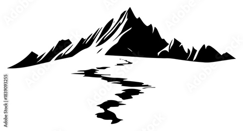 Mountain landscape silhouette with winding road path leading to rocky high peaks vector illustration