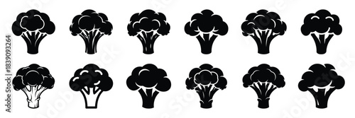 A collection of broccoli silhouette icon set. simple design black color and white background.