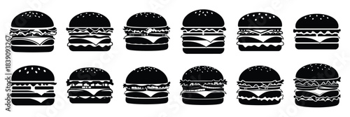A collection of burger silhouette icon set. simple design black color and white background.