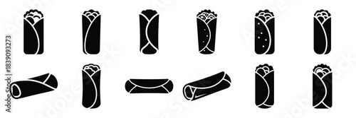 A collection of burrito wrap silhouette icon set. simple design black color and white background.