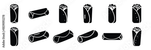 A collection of burrito silhouette icon set. simple design black color and white background.