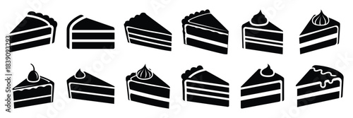 A collection of cake slice silhouette icon set. simple design black color and white background.