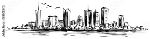 Hand drawn city skyline sketch with modern skyscrapers and river panoramic view