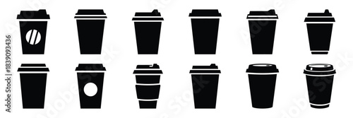 A collection of coffee takeout cup silhouette icon set. simple design black color and white background.