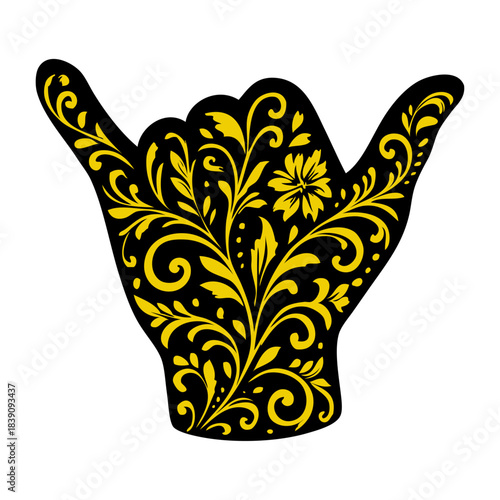 Logo club de surf. Silueta decorada con florituras de mano con señal shaka. Mano con símbolo hang loose