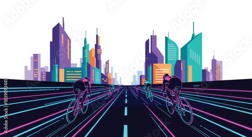 Cyclists racing down a futuristic city street vibrant colors and speed.
