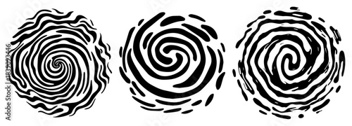 Abstract grunge spiral vortex set with liquid ink brush strokes and swirling shapes